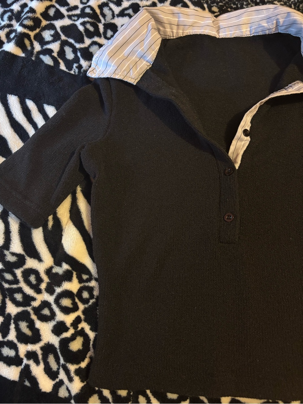Short-Sleeve Polo Shirt with Pinstripe Collar in Black